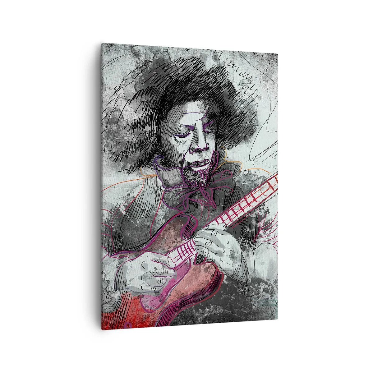 Obraz na płótnie - Artystyczny portret gitarzysty w technice szkicu - 70x100cm - Na falach muzyki - Nowoczesna dekoracja ścienna do salonu i sypialni ARTTOR