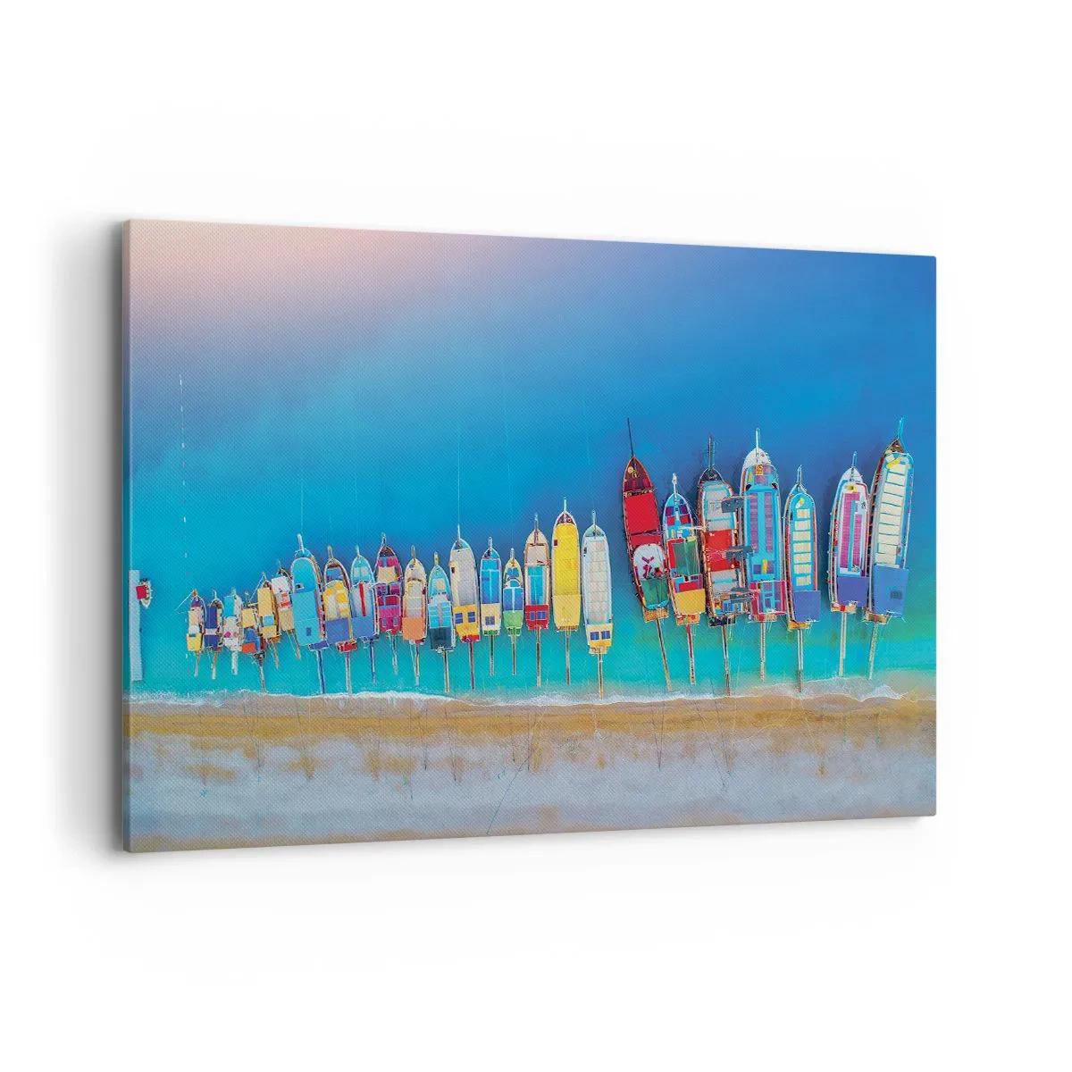 Obraz na płótnie - Kolorowe łodzie ustawione w rząd nad brzegiem - 100x70cm - Z lotu ptaka - Nowoczesna dekoracja ścienna do salonu, kuchni i sypialni ARTTOR