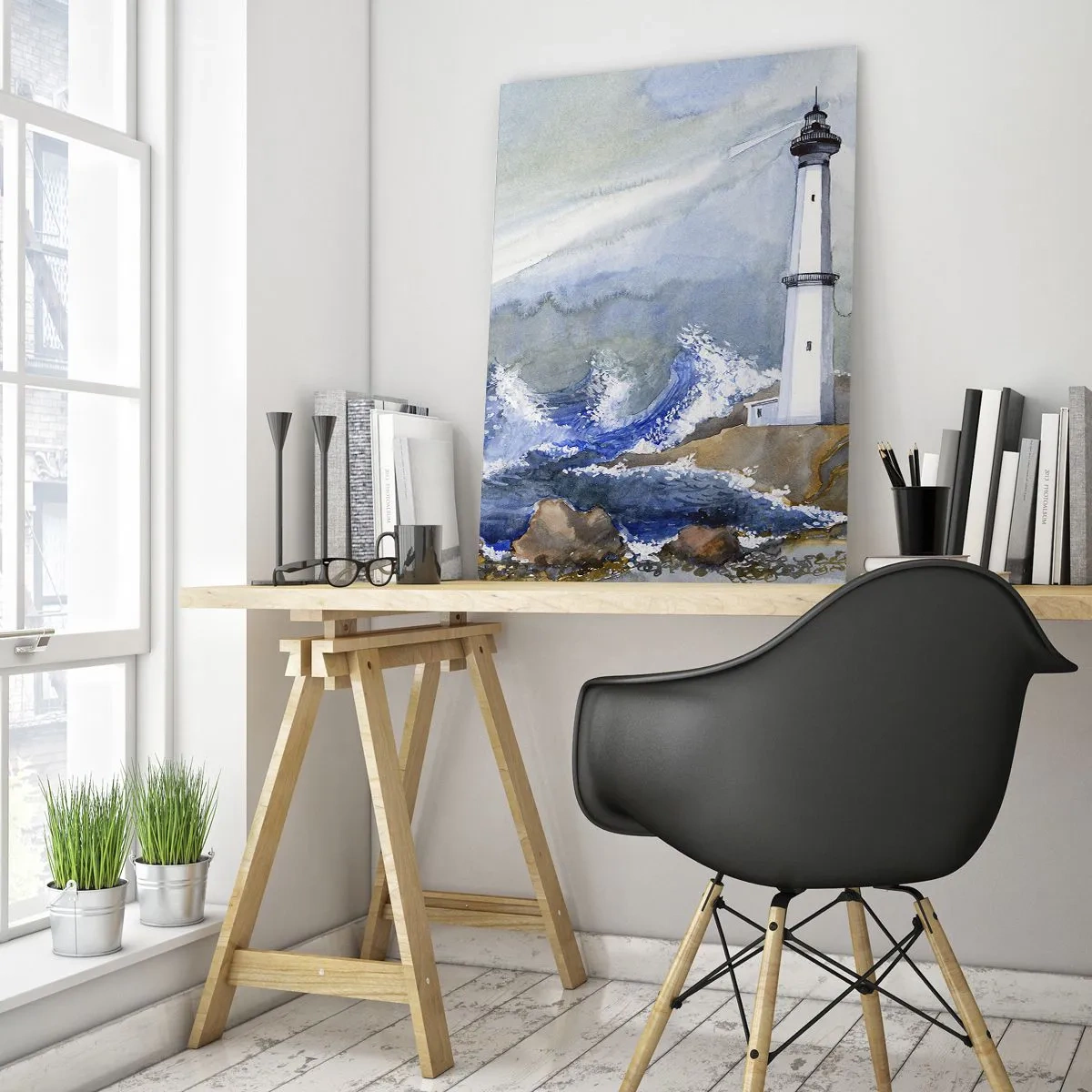 Obraz na szkle - Latarnia morska przy wzburzonym morzu w akwarelowym stylu - 50x70cm - Przeciwko ciemności i nawałnicy - Nowoczesna dekoracja ścienna do salonu, kuchni i sypialni ARTTOR