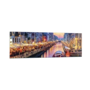 Obraz na szkle - Kanał z oświetleniem w otoczeniu kolorowych budynków - 160x50cm - Wieczór światła i zabawy - Nowoczesna dekoracja ścienna do salonu i sypialni ARTTOR