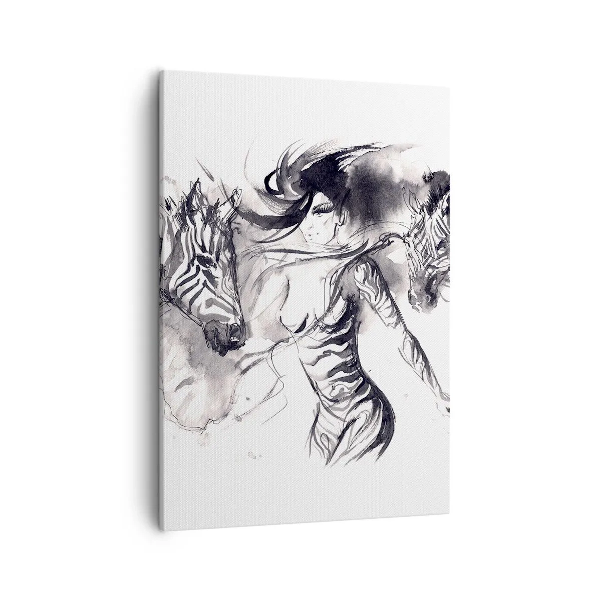 Obraz na płótnie - Kobieta z dwiema zebrami w dynamicznej, artystycznej kompozycji - 50x70cm - Tańcząca z zebrami - Nowoczesna dekoracja ścienna do salonu, kuchni i sypialni ARTTOR