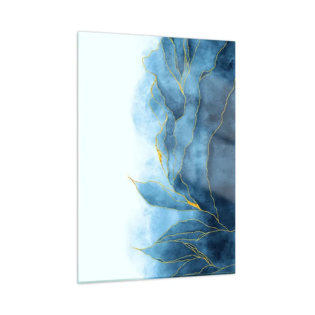 Obraz na szkle - Abstrakcyjne błękitne kształty z delikatnymi złotymi liniami - 50x70cm - Błękit w złocie - Nowoczesna dekoracja ścienna do salonu, kuchni i sypialni ARTTOR