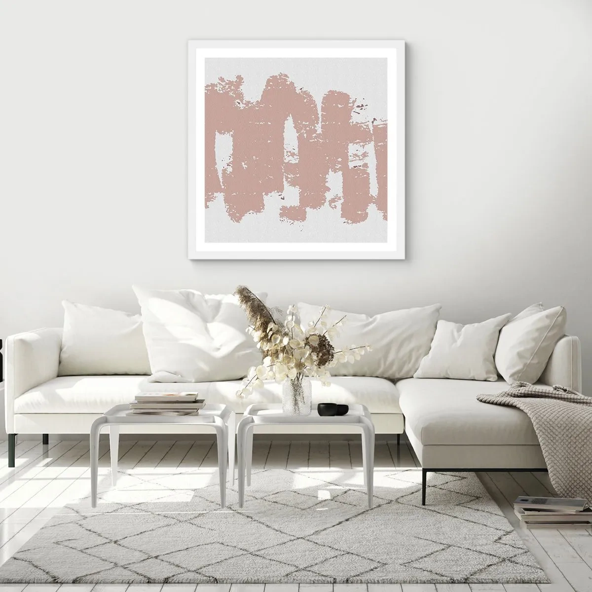 Plakat w białej ramie - Abstrakcja w łagodnym różu - 60x60 cm