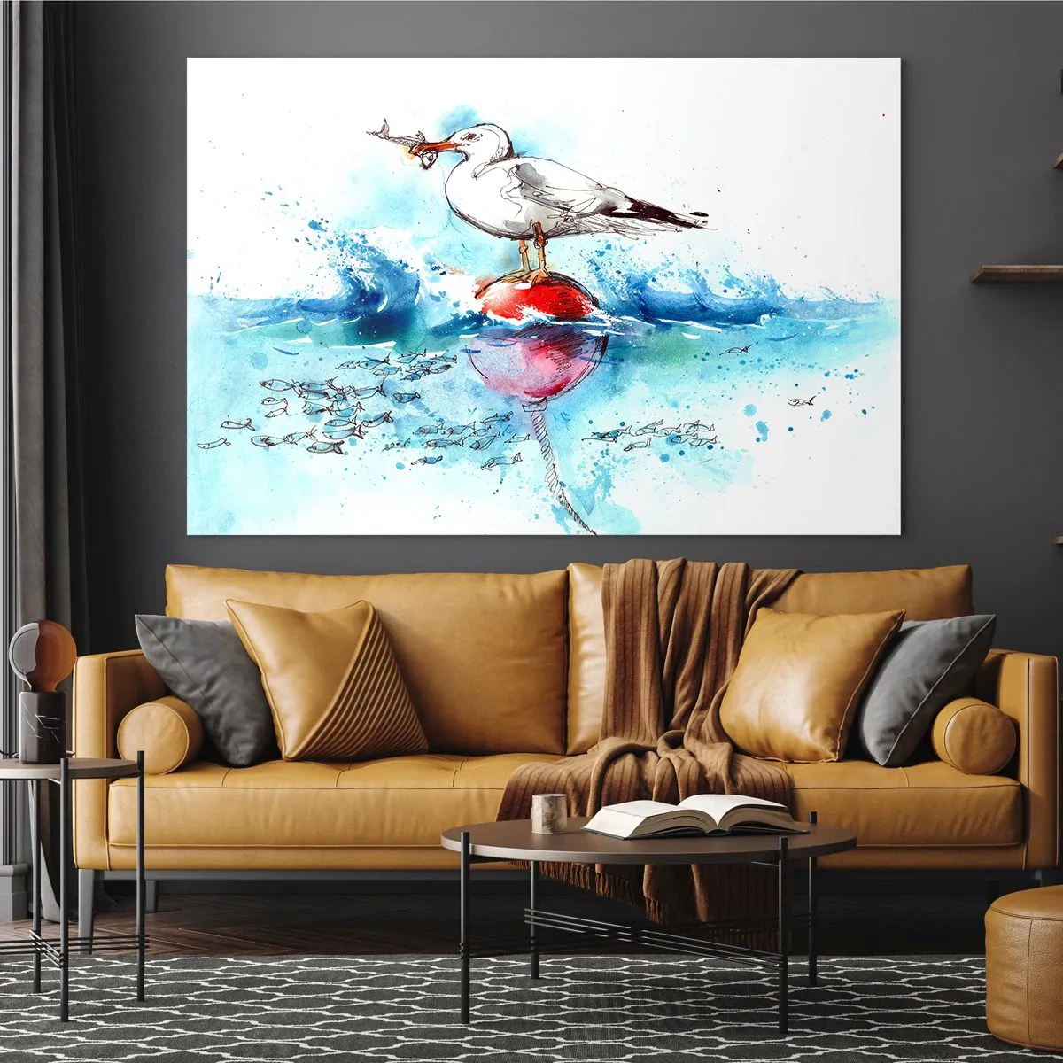 Obraz na szkle - Mewa na boi z rybą w tle fal morskich - 70x50cm - Udany połów - Nowoczesna dekoracja ścienna do salonu i sypialni ARTTOR