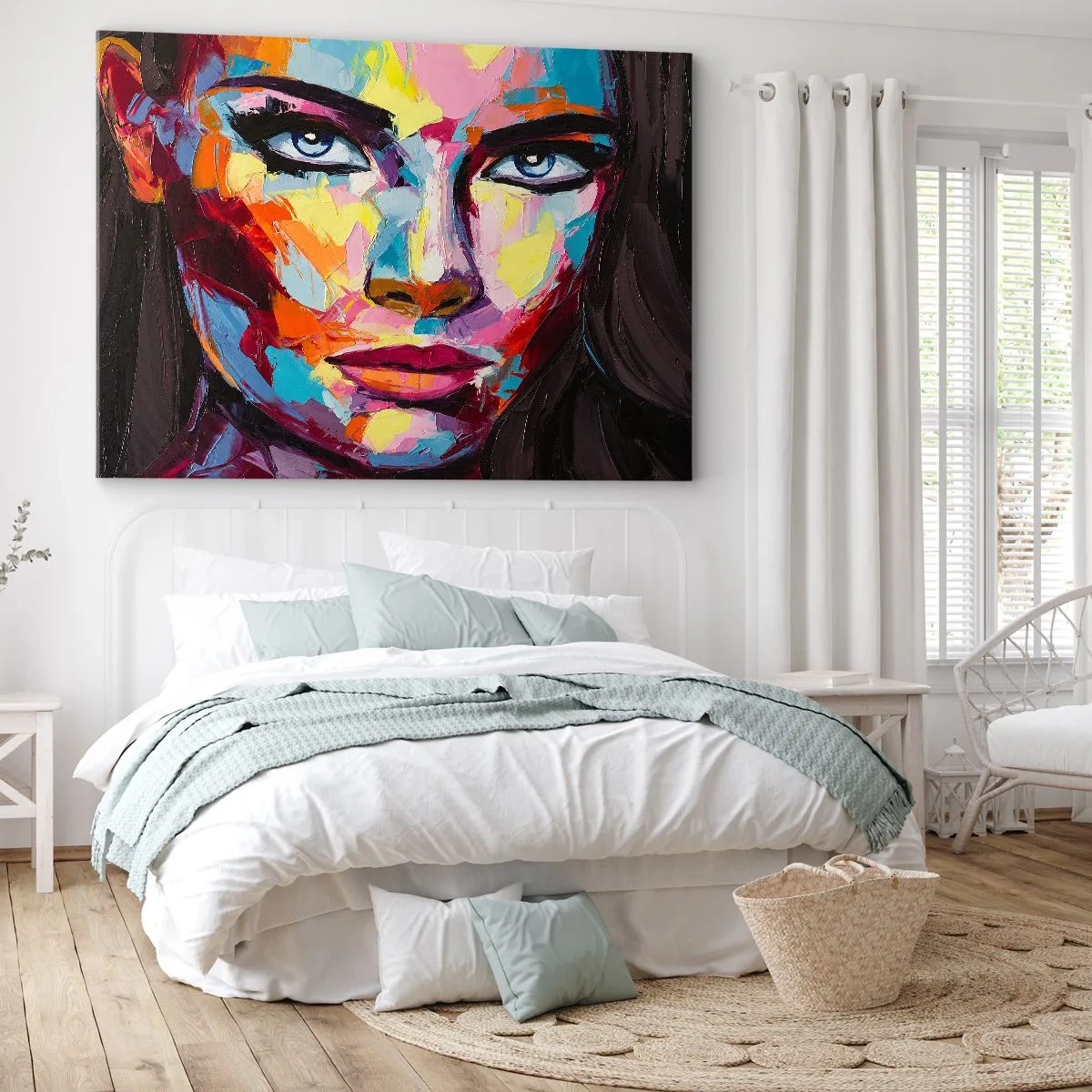 Obraz na płótnie - Kolorowy abstrakcyjny portret kobiety w intensywnych barwach - 70x50cm - Dusza też kolorowa - Nowoczesna dekoracja ścienna do salonu i sypialni ARTTOR