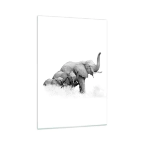 Obraz na szkle - Rodzina słoni na tle afrykańskiego krajobrazu w czerni i bieli - 70x100cm - Raz, dwa, trzy - Nowoczesna dekoracja ścienna do salonu i sypialni ARTTOR