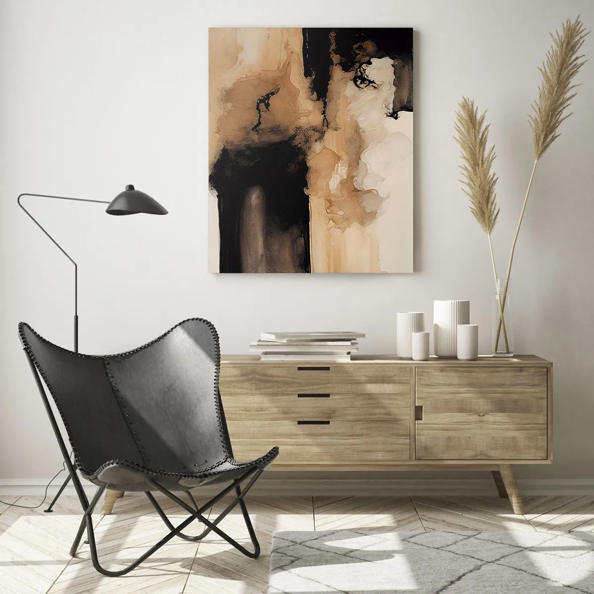 Obraz na szkle - Abstrakcyjna forma w czerni i brązie na jasnym tle - 50x70cm - Abstrakcja intrygująca - Nowoczesna dekoracja ścienna do salonu, kuchni i sypialni ARTTOR