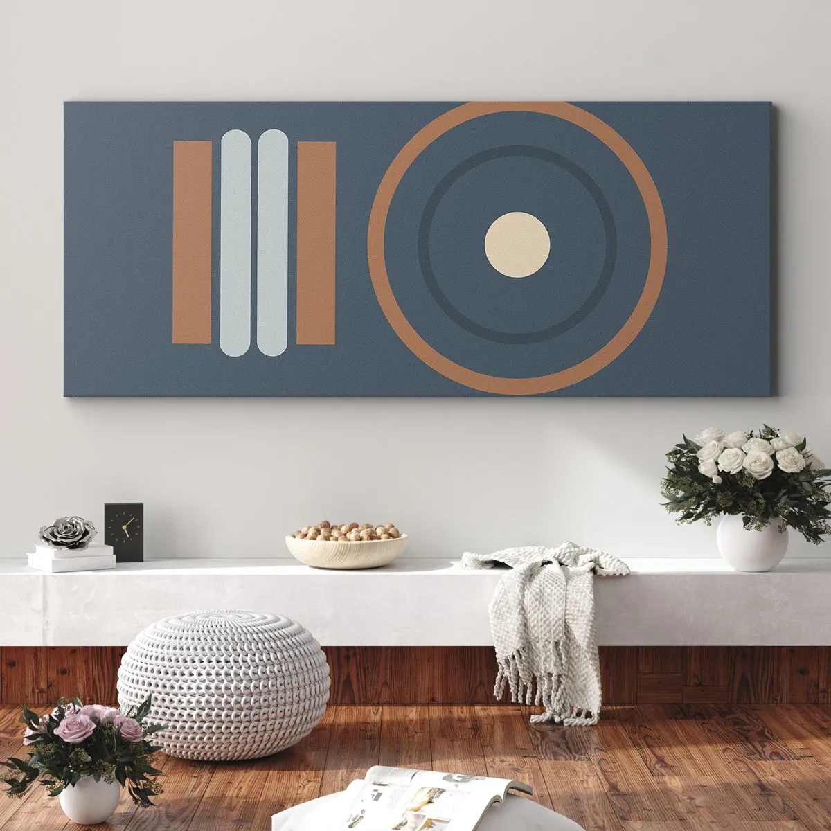 Obraz na płótnie - Geometryczna kompozycja z okręgami i prostokątami w stonowanych barwach - 160x50cm - Istota rzeczy - Nowoczesna dekoracja ścienna do salonu i sypialni ARTTOR