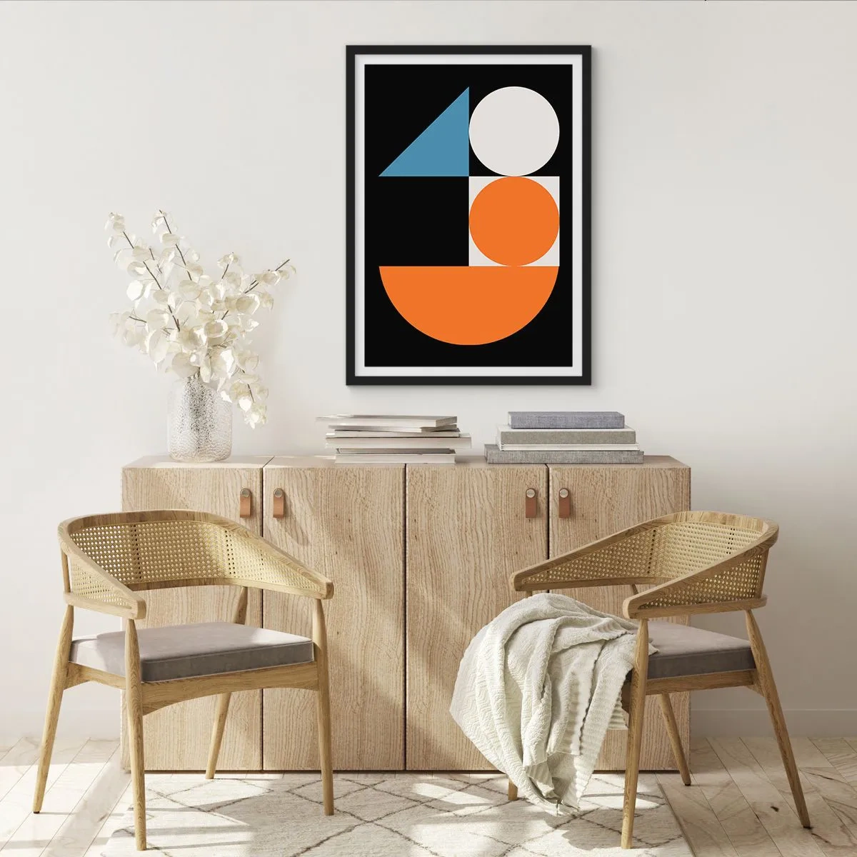Plakat w czarnej ramie - Nowoczesny geometryczny wzór z kołami, trójkątem i półokręgiem - 50x70cm - Układ figurowy - Nowoczesna dekoracja ścienna do salonu i sypialni ARTTOR