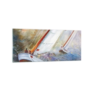 Obraz na szkle - Żaglówki na wzburzonych falach w dynamicznej kompozycji - 120x50cm - Biegnące po falach - Nowoczesna dekoracja ścienna do salonu i sypialni ARTTOR