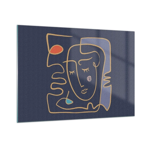 Obraz na szkle - Abstrakcyjna twarz w konturach na granatowym tle - 100x70cm - W zamyśleniu - Nowoczesna dekoracja ścienna do salonu, kuchni i sypialni ARTTOR