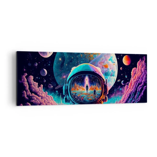 Obraz na płótnie - Astronauta w kosmosie z kolorowym pejzażem planetarnym - 140x50cm - Filozofom się nie śniło - Nowoczesna dekoracja ścienna do salonu i sypialni ARTTOR