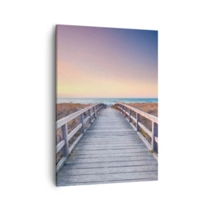 Obraz na płótnie - Drewniany pomost prowadzący na plażę o zachodzie słońca - 50x70cm - Bałtycka wieczorna zorza - Nowoczesna dekoracja ścienna do salonu, kuchni i sypialni ARTTOR