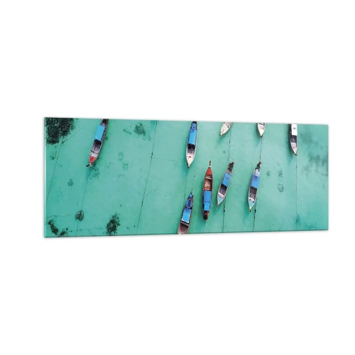 Obraz na szkle - Łodzie na turkusowej wodzie w widoku z lotu ptaka - 140x50cm - W radosnym oczekiwaniu - Nowoczesna dekoracja ścienna do salonu i sypialni ARTTOR