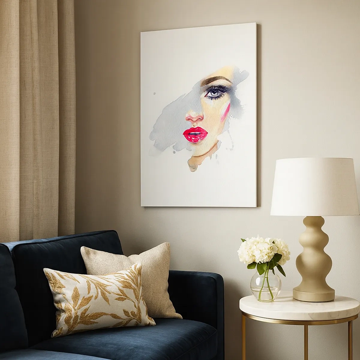 Obraz na płótnie - Akwarelowy portret kobiety z intensywnym spojrzeniem i czerwonymi ustami - 50x70cm - Odbicie w kropli wody - Nowoczesna dekoracja ścienna do salonu, kuchni i sypialni ARTTOR