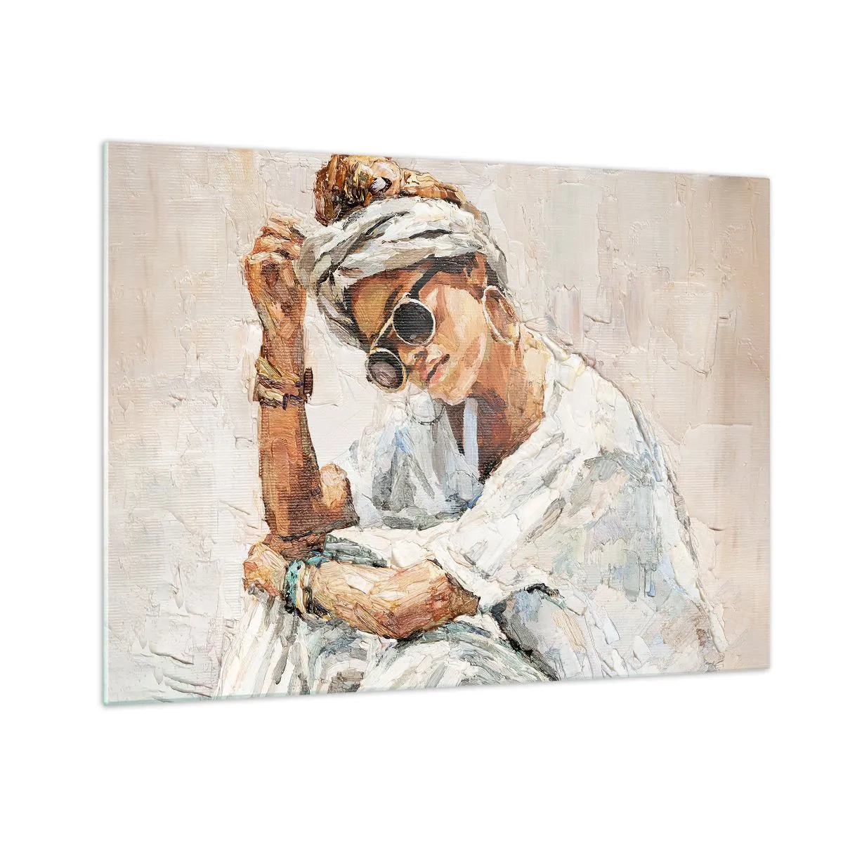 Obraz na szkle - Portret kobiety w okularach i turbanie namalowany szpachlą - 70x50cm - Portret w pełnym słońcu - Nowoczesna dekoracja ścienna do salonu i sypialni ARTTOR