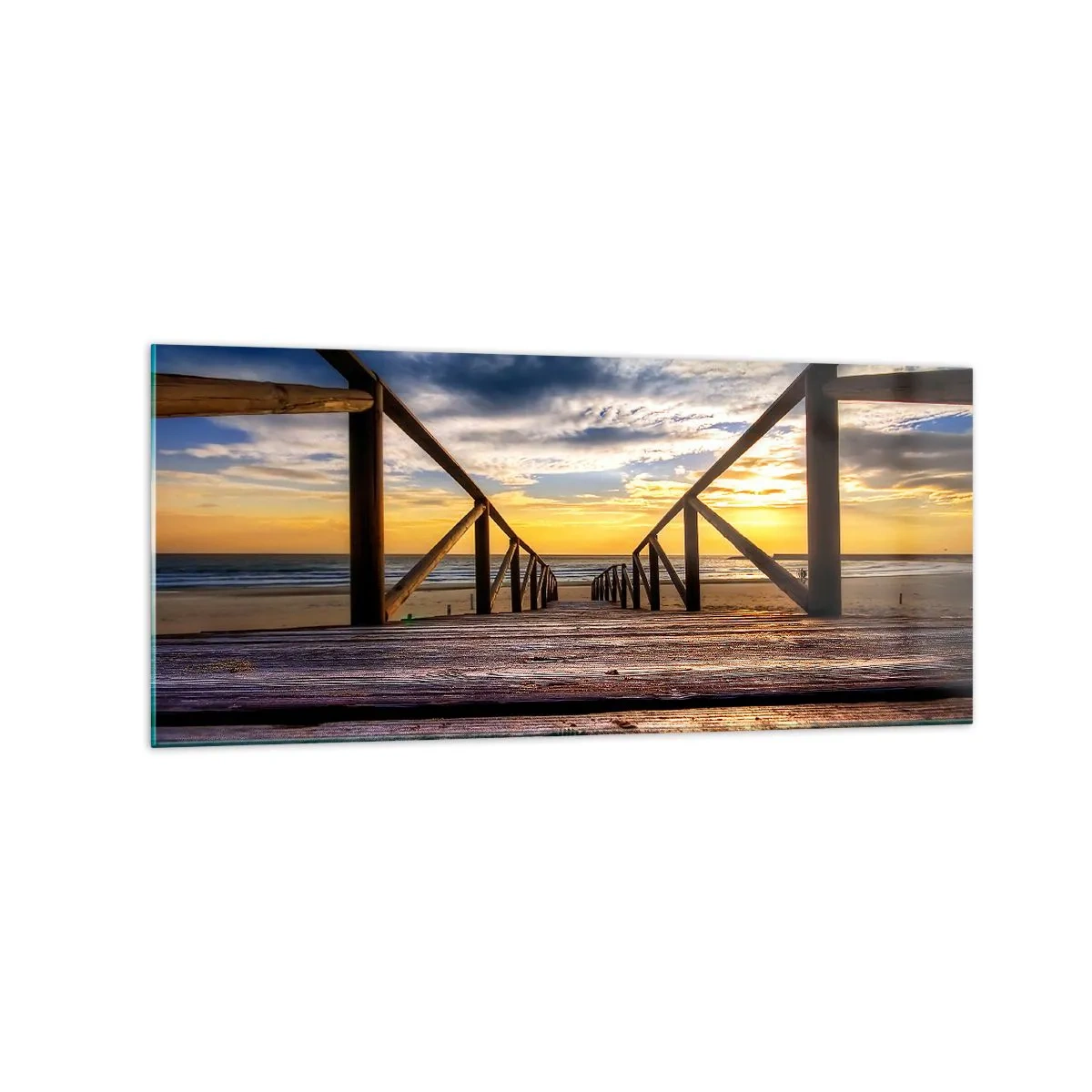 Obraz na szkle - Drewniany pomost prowadzący na plażę o zachodzie słońca - 120x50cm - Prosto na cichą plażę o zachodzie słońca - Nowoczesna dekoracja ścienna do salonu i sypialni ARTTOR