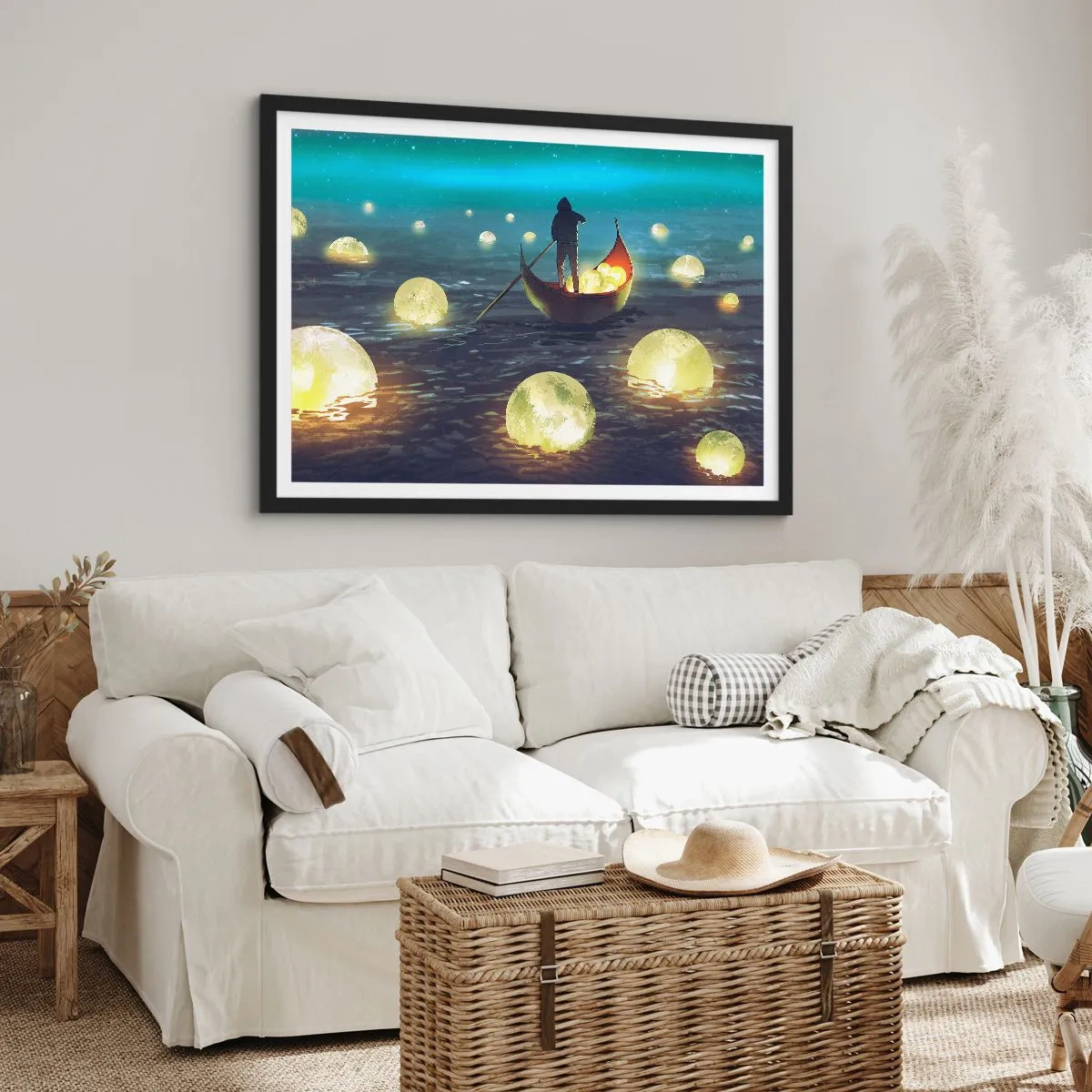 Plakat w czarnej ramie - Postać w łodzi w otoczeniu świetlistych kul na wodzie - 100x70cm - Rzeczy, o których się filozofom nie śniło - Nowoczesna dekoracja ścienna do salonu i sypialni ARTTOR