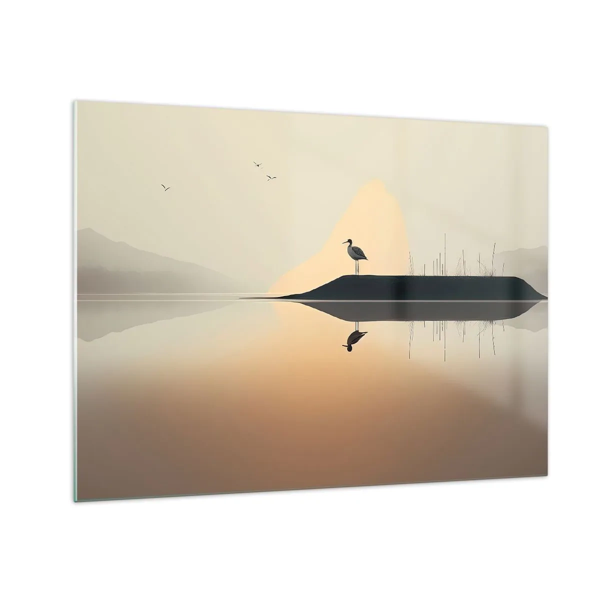 Obraz na szkle - Czapla stojąca na wysepce wśród spokojnych wód jeziora - 70x50cm - Pan na jeziorze - Nowoczesna dekoracja ścienna do salonu i sypialni ARTTOR