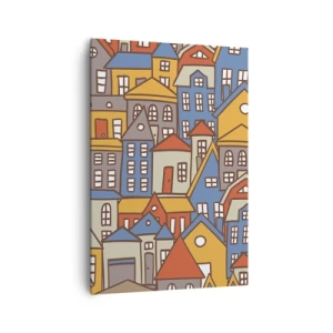 Obraz na płótnie - Kolorowe domki w stylu graficznym na jasnym tle - 70x100cm - Za domem dom - Nowoczesna dekoracja ścienna do salonu i sypialni ARTTOR