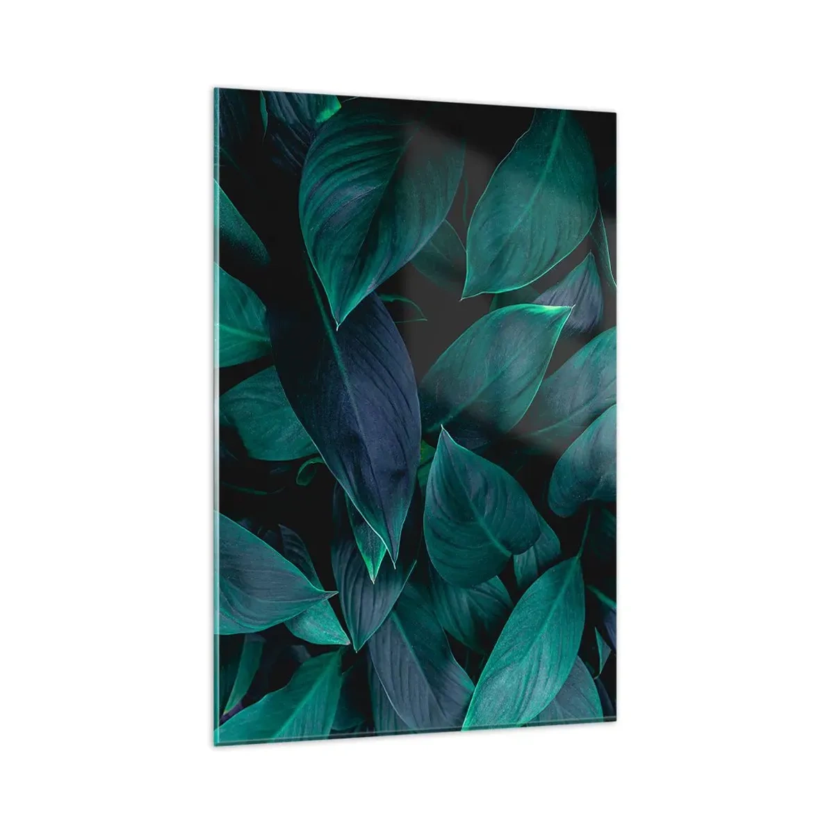 Obraz na szkle - Zbliżenie na zielone liście z ciemnym tłem - 80x120cm - Zieleń sama w sobie - Nowoczesna dekoracja ścienna do salonu i sypialni ARTTOR