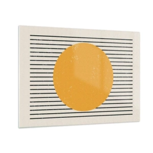 Obraz na szkle - Pomarańczowe koło na tle poziomych czarnych linii na beżowym tle - 70x50cm - Siła prostoty - Nowoczesna dekoracja ścienna do salonu i sypialni ARTTOR