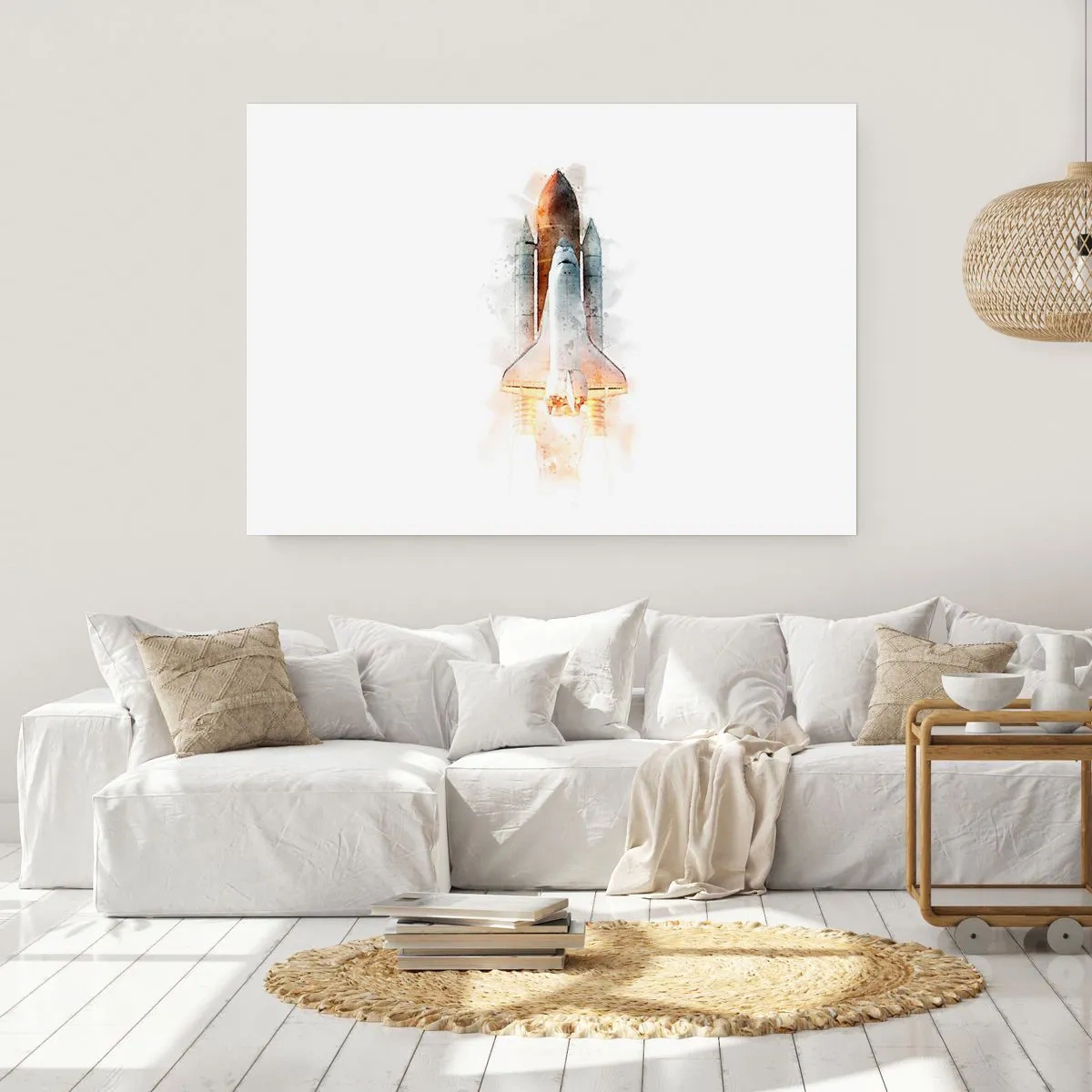 Plakat - Startujący prom kosmiczny w artystycznej akwarelowej interpretacji - 100x70cm - Odkrywcy na start - Nowoczesna dekoracja ścienna do salonu i sypialni ARTTOR