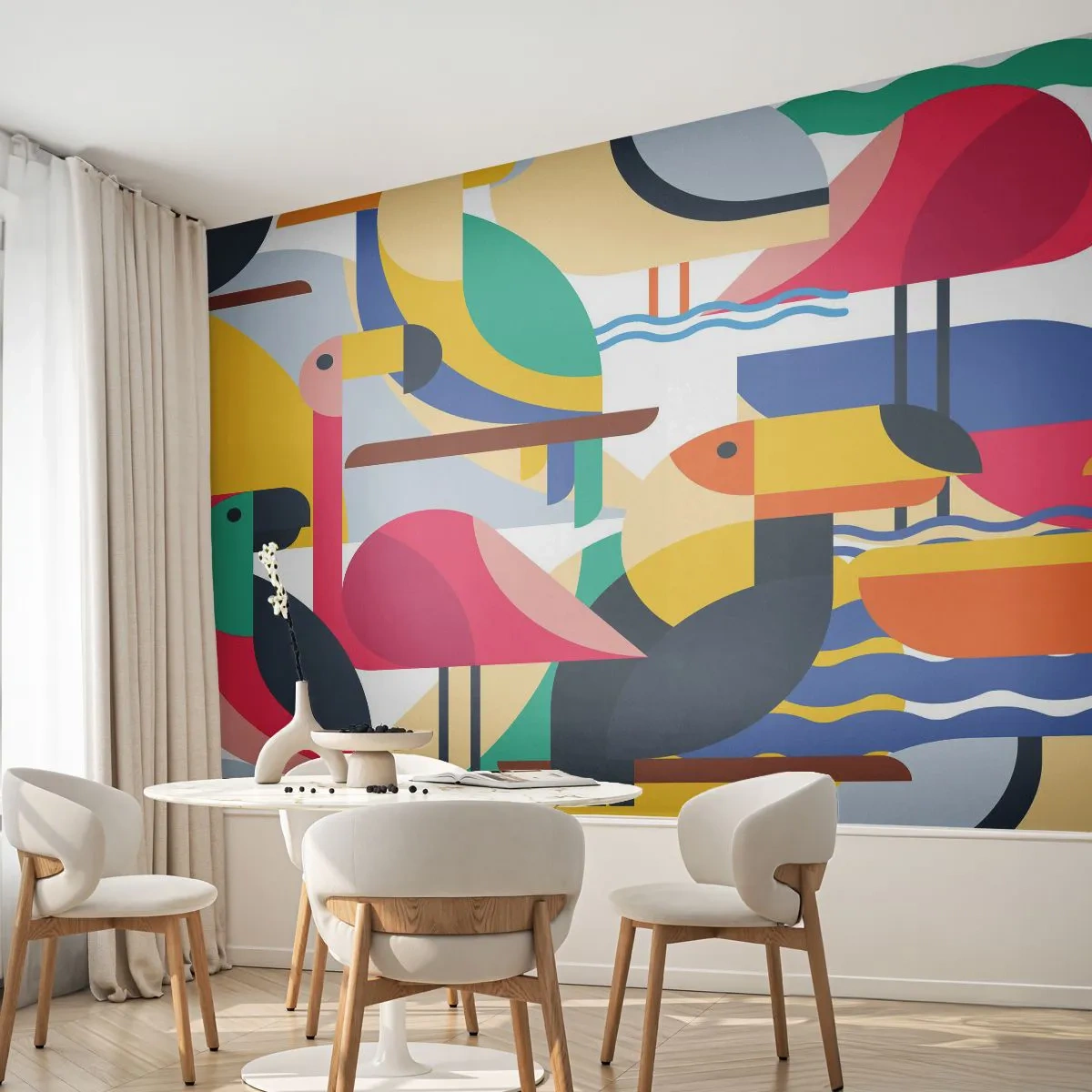 Fototapeta Standard Eco - Kolorowe ptaki w geometrycznej kompozycji na białym tle - 100x70cm - Ptasie party - Nowoczesna dekoracja ścienna do salonu i sypialni ARTTOR