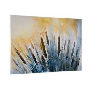 Obraz na szkle - Malowane pałki wodne na tle słonecznego nieba - 100x70cm - Chłód wody, słońca żar - Nowoczesna dekoracja ścienna do salonu, kuchni i sypialni ARTTOR