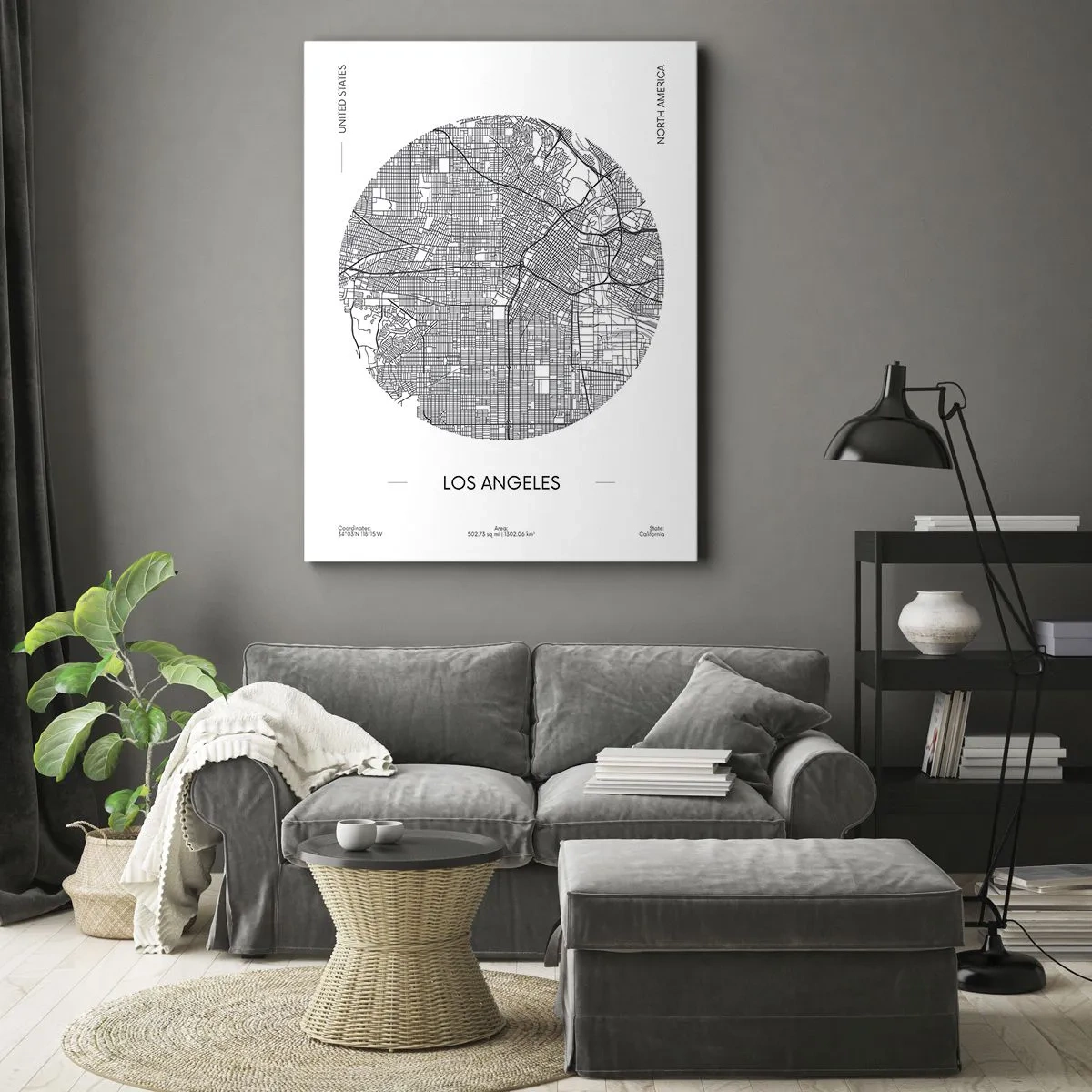 Obraz na płótnie - Mapa Los Angeles w minimalistycznym, czarno-białym stylu - 70x100cm - Anatomia Los Angeles - Nowoczesna dekoracja ścienna do salonu i sypialni ARTTOR