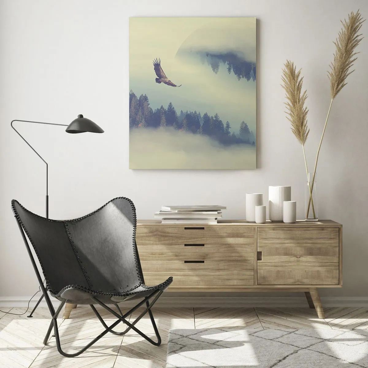 Obraz na szkle - Orzeł w locie nad lasem spowitym mgłą z surrealistycznym odbiciem - 50x70cm - Widziałam orła cień - Nowoczesna dekoracja ścienna do salonu, kuchni i sypialni ARTTOR