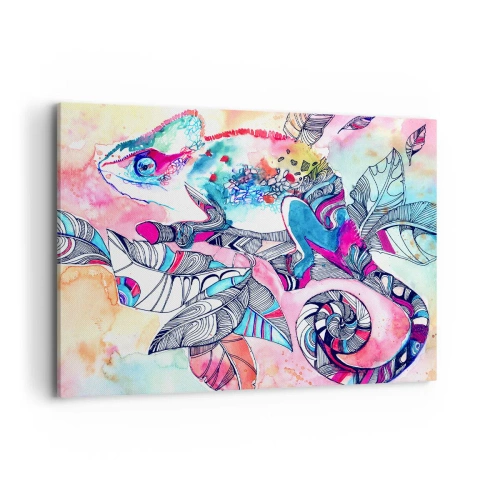 Obraz na płótnie - Kolorowy kameleon na tle abstrakcyjnych liści - 100x70cm - Kolorowy jak nasz świat - Nowoczesna dekoracja ścienna do salonu, kuchni i sypialni ARTTOR
