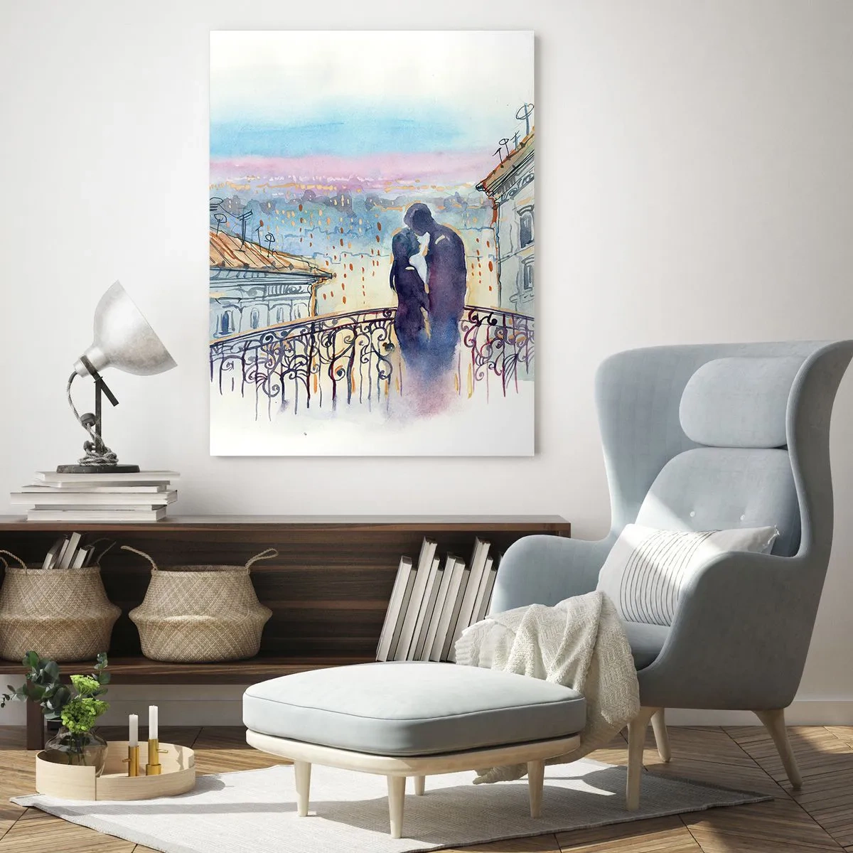 Obraz na szkle - Para na balkonie w romantycznym zachodzie słońca - 50x70cm - Paryscy kochankowie - Nowoczesna dekoracja ścienna do salonu, kuchni i sypialni ARTTOR