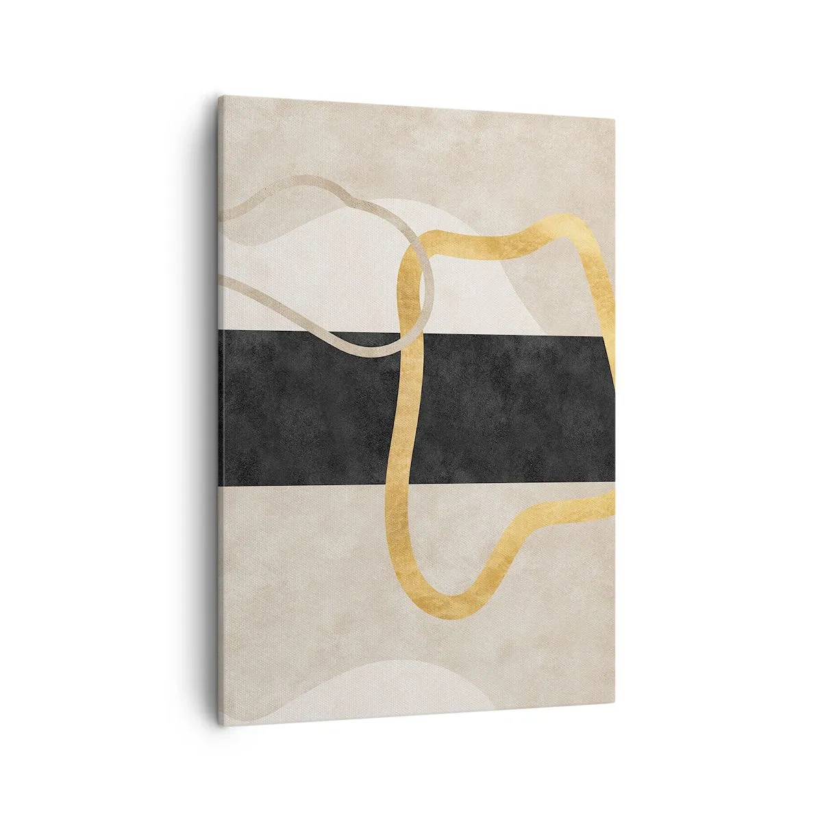Obraz na płótnie - Minimalistyczna abstrakcja w odcieniach beżu, czerni i złota - 50x70cm - Kształty zapętlone - Nowoczesna dekoracja ścienna do salonu, kuchni i sypialni ARTTOR