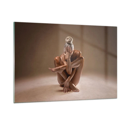Obraz na szkle - Zmysłowa kobieta w pozie artystycznej na tle cienia - 120x80cm - Jedność ciała i ducha - Nowoczesna dekoracja ścienna do salonu, kuchni i sypialni ARTTOR