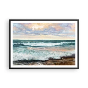 Plakat w czarnej ramie - Morskie fale na tle zachmurzonego nieba o zachodzie słońca - 100x70cm - Tutaj wygładzisz duszę - Nowoczesna dekoracja ścienna do salonu i sypialni ARTTOR