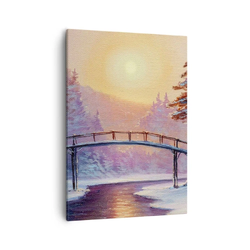 Obraz na płótnie - Mostek nad zamarzniętą rzeką w zimowym krajobrazie o zachodzie słońca - 50x70cm - Cztery pory roku - zima - Nowoczesna dekoracja ścienna do salonu, kuchni i sypialni ARTTOR