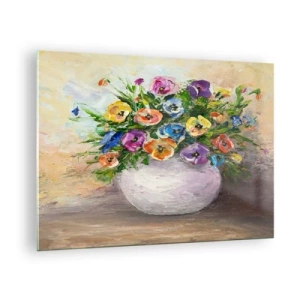 Obraz na szkle - Bukiet kolorowych kwiatów w białym wazonie - 70x50cm - Martwa natura z białym wazonem - Nowoczesna dekoracja ścienna do salonu i sypialni ARTTOR
