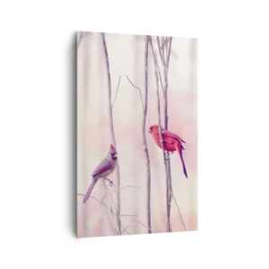 Obraz na płótnie - Para kardynałów na gałęziach w pastelowym krajobrazie - 80x120cm - Opowieść różowego lasu - Nowoczesna dekoracja ścienna do salonu i sypialni ARTTOR