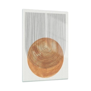Obraz na szkle - Geometryczna forma z koncentrycznymi liniami i złotym kołem - 50x70cm - Kompozycja słoneczna - Nowoczesna dekoracja ścienna do salonu, kuchni i sypialni ARTTOR