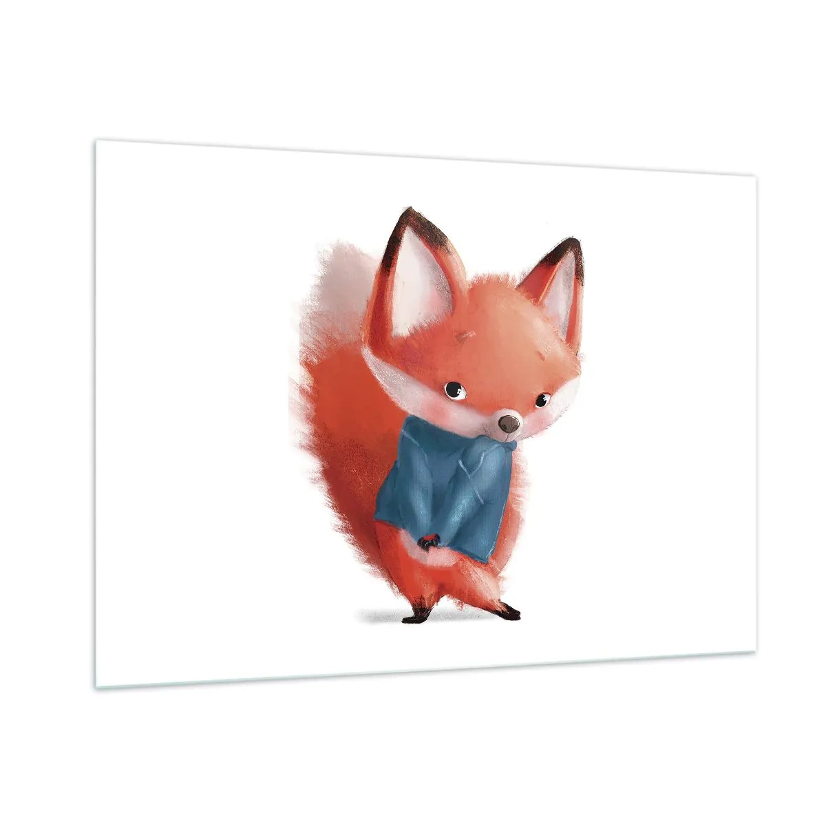 Obraz na szkle - Uroczy lisek w niebieskim sweterku na białym tle - 100x70cm - Ładnie mi w tym? - Nowoczesna dekoracja ścienna do salonu, kuchni i sypialni ARTTOR