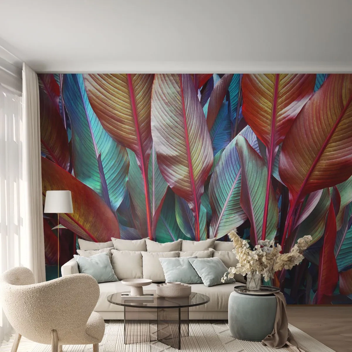 Fototapeta Premium Sand - Wielobarwne liście w tropikalnym zagęszczeniu - 100x70cm - Kolorowy gąszcz - Nowoczesna dekoracja ścienna do salonu, kuchni i sypialni ARTTOR