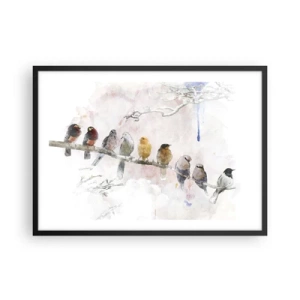 Plakat w czarnej ramie - Kolorowe ptaki na gałęzi w akwarelowym stylu - 70x50cm - Skrzydlate spotkanie - Nowoczesna dekoracja ścienna do salonu i sypialni ARTTOR