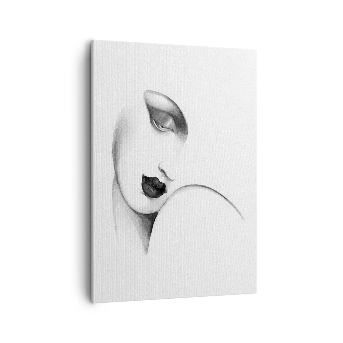 Obraz na płótnie - Minimalistyczny rysunek kobiecej twarzy w odcieniach czerni i bieli - 50x70cm - W stylu Łempickiej - Nowoczesna dekoracja ścienna do salonu, kuchni i sypialni ARTTOR