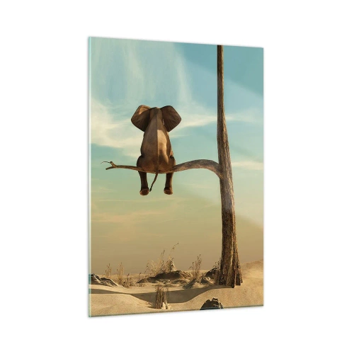 Obraz na szkle - Słon na gałęzi drzewa w surrealistycznej scenerii - 50x70cm - Nowy punkt widzenia - Nowoczesna dekoracja ścienna do salonu, kuchni i sypialni ARTTOR