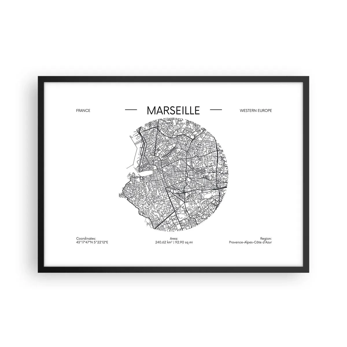 Plakat w czarnej ramie - Mapa Marsylii w minimalistycznym stylu - 70x50cm - Anatomia Marsylii - Nowoczesna dekoracja ścienna do salonu i sypialni ARTTOR