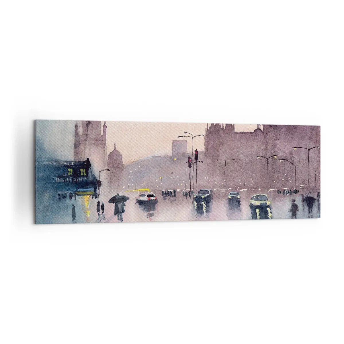 Obraz na płótnie - Miejska ulica o zmierzchu w akwarelowym stylu - 160x50cm - W deszczowej mgiełce - Nowoczesna dekoracja ścienna do salonu i sypialni ARTTOR