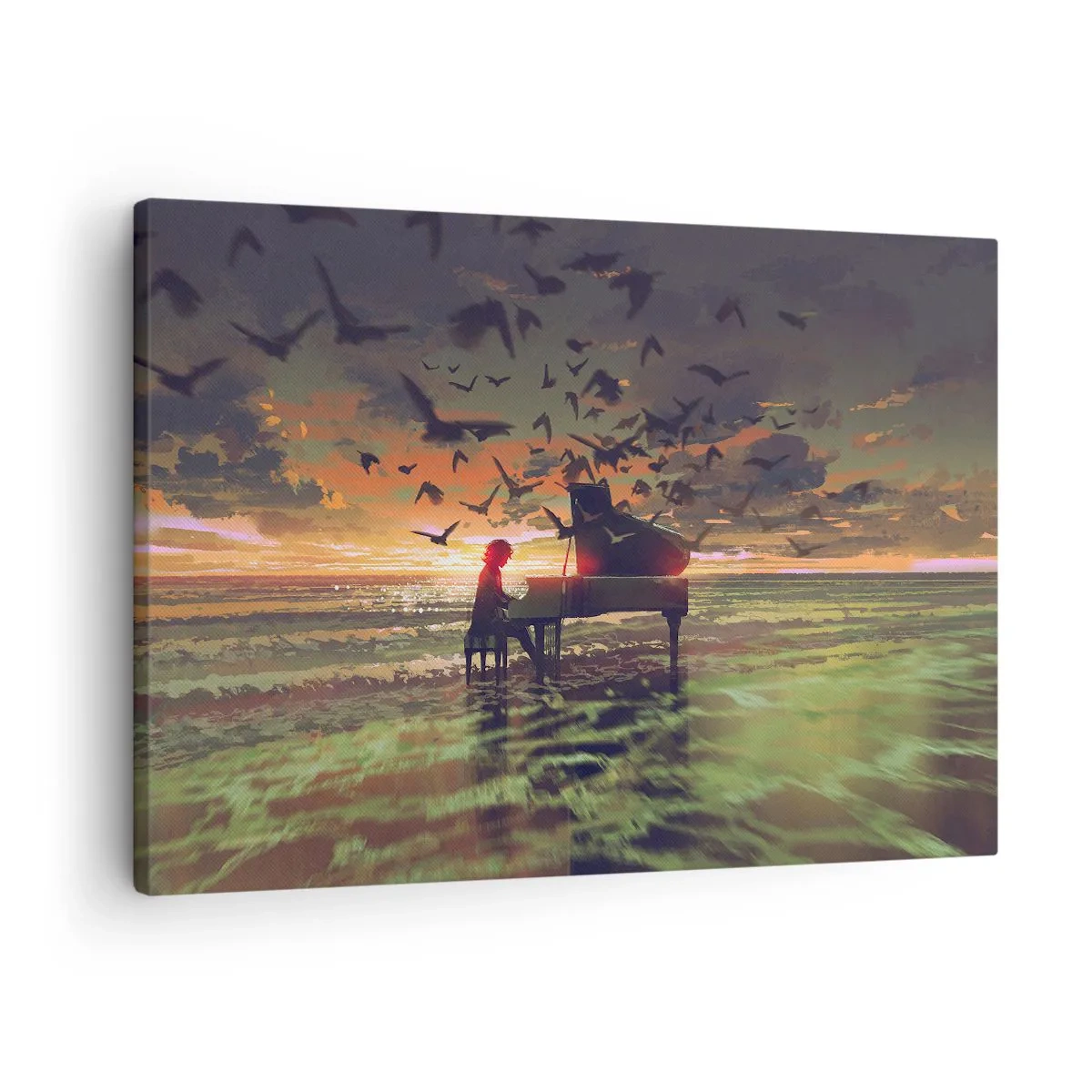 Obraz na płótnie - Pianino na brzegu morza przy zachodzie słońca z ptakami - 70x50cm - Koncert na fortepian i fale - Nowoczesna dekoracja ścienna do salonu i sypialni ARTTOR