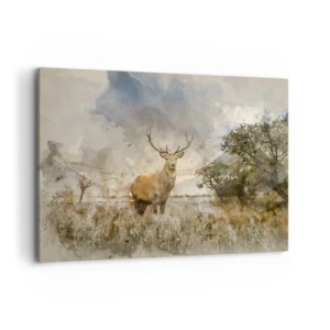 Obraz na płótnie - Jeleń w naturalnym otoczeniu w akwarelowym stylu - 100x70cm - Godność - siła - dostojeństwo - Nowoczesna dekoracja ścienna do salonu, kuchni i sypialni ARTTOR