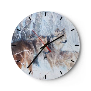 Zegar ścienny - Wilk w zimowym krajobrazie, w otoczeniu śnieżnych drzew - 30x30cm - Uwaga! Nadchodzi… - Nowoczesna dekoracja ścienna do salonu, kuchni i sypialni ARTTOR